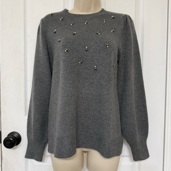 Ann Taylor Factory Pearl Rhinestone Embellished Gray Sweater Petite LP Soft Knit - Picture 2 of 10